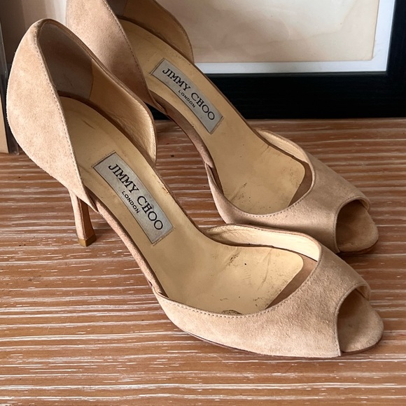 Jimmy Choo Women's Tan Peep-Toe Suede Heels - Picture 1 of 4